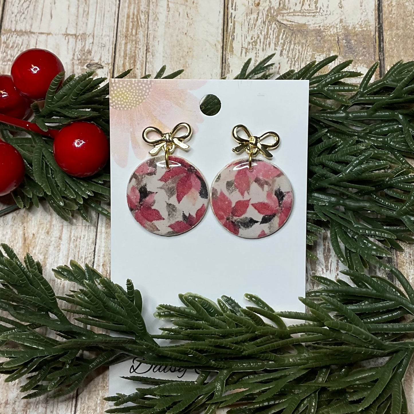 Poinsettia Print Dangle with Bow Stud