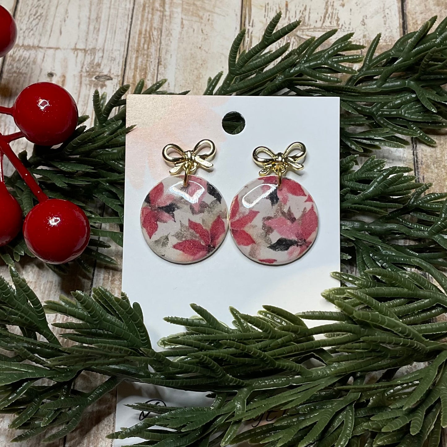 Poinsettia Print Dangle with Bow Stud